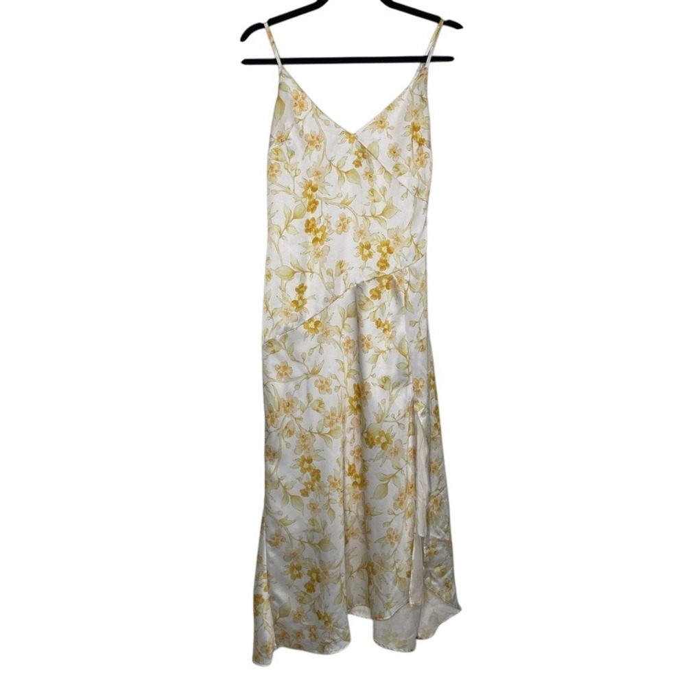 SweetPot The Label Dress Womens Size 4 White Yellow Floral Satin Midi Side Slit